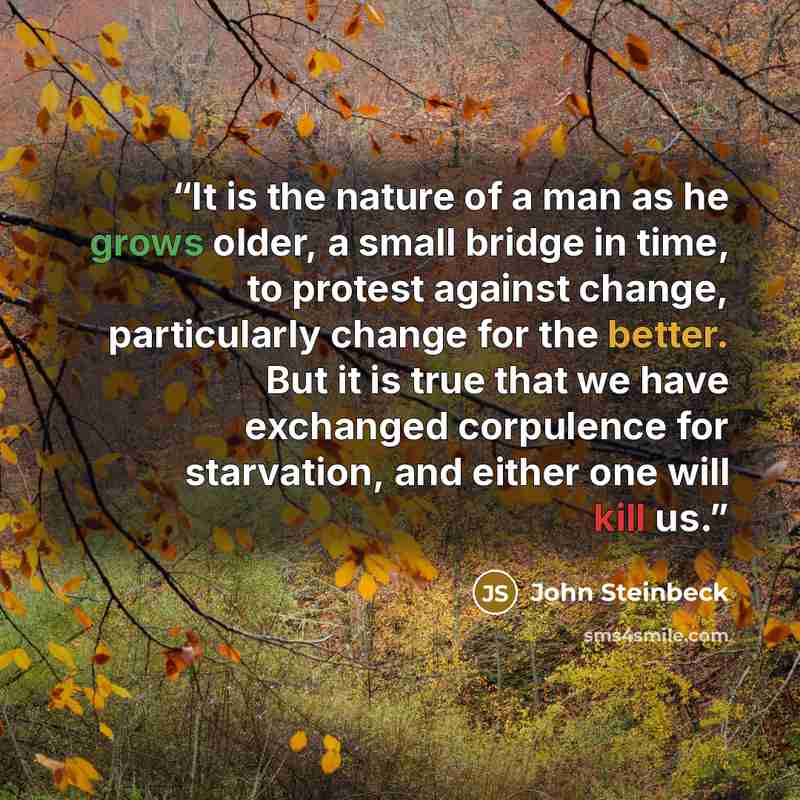“It is the nature of a man as he grows older, a small bridge in time, to protest against change, particularly change for the better. But it is true that we have exchanged corpulence for starvation, and either one will kill us.” quote by John Steinbeck