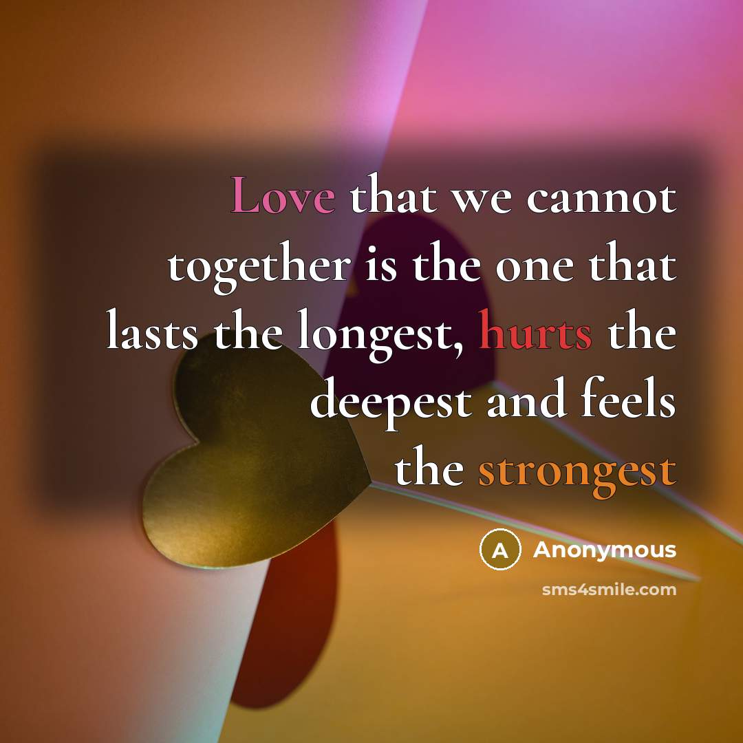 “Love that we cannot together is the one that lasts the longest, hurts the deepest and feels the strongest” quote by Anonymous