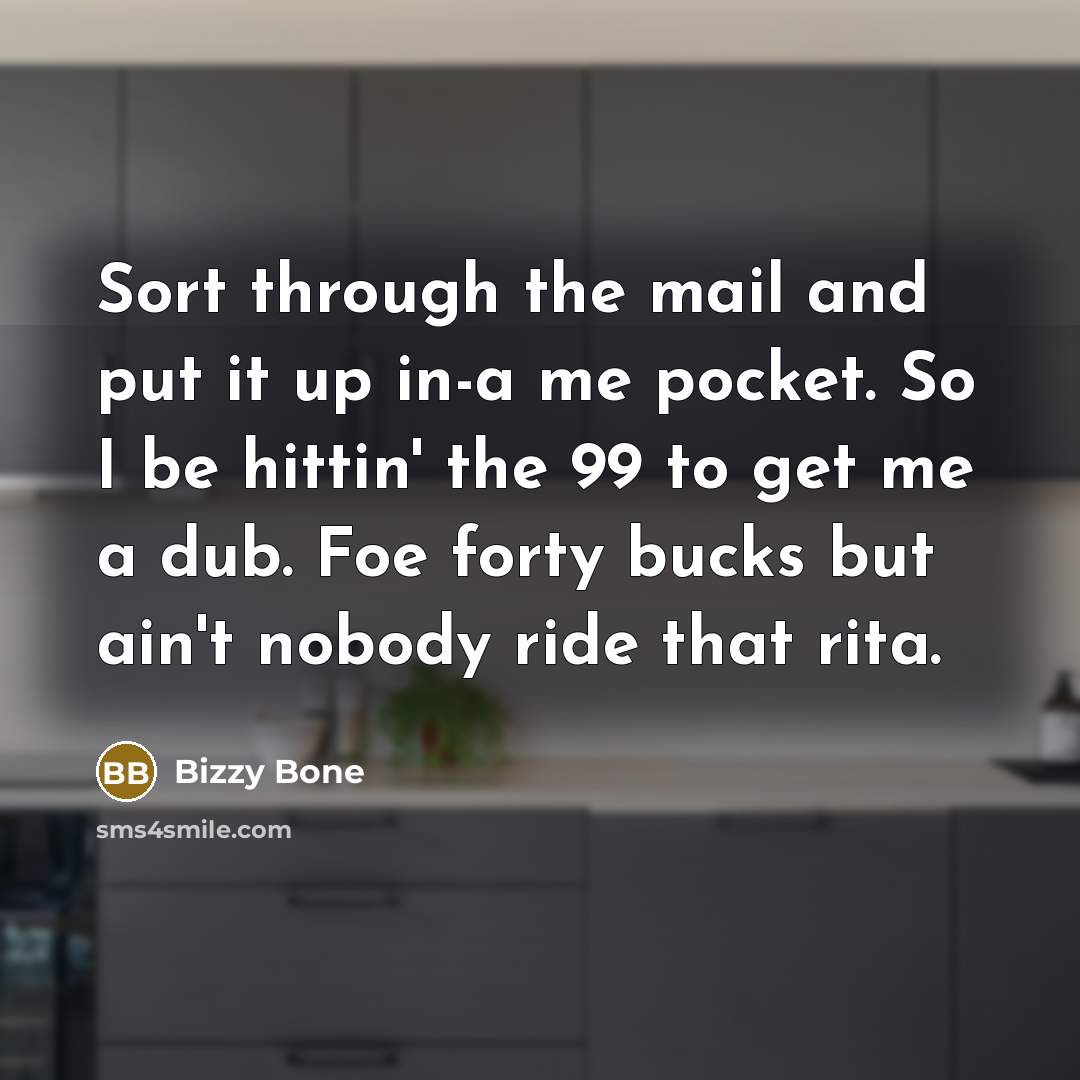 “Sort through the mail and put it up in-a me pocket. So I be hittin' the 99 to get me a dub. Foe forty bucks but ain't nobody ride that rita.” quote by Bizzy Bone