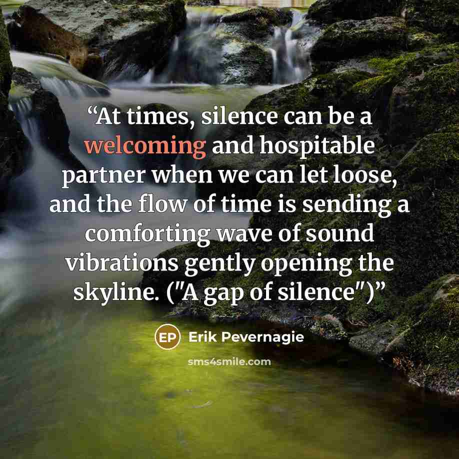 “At times, silence can be a welcoming and hospitable partner when we can let loose, and the flow of time is sending a comforting wave of sound vibrations gently opening the skyline. ("A gap of silence")” quote by Erik Pevernagie