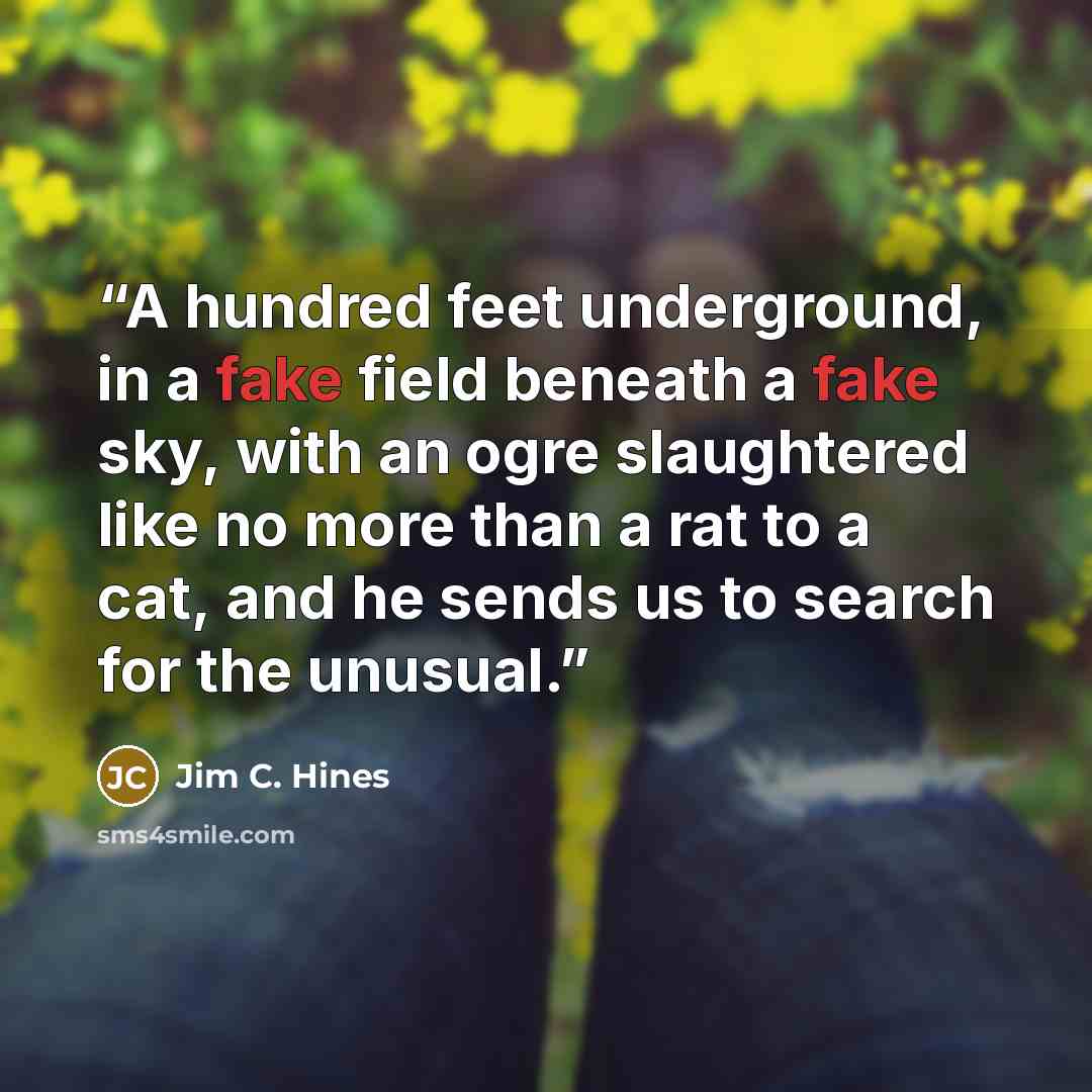 “A hundred feet underground, in a fake field beneath a fake sky, with an ogre slaughtered like no more than a rat to a cat, and he sends us to search for the unusual.” quote by Jim C. Hines