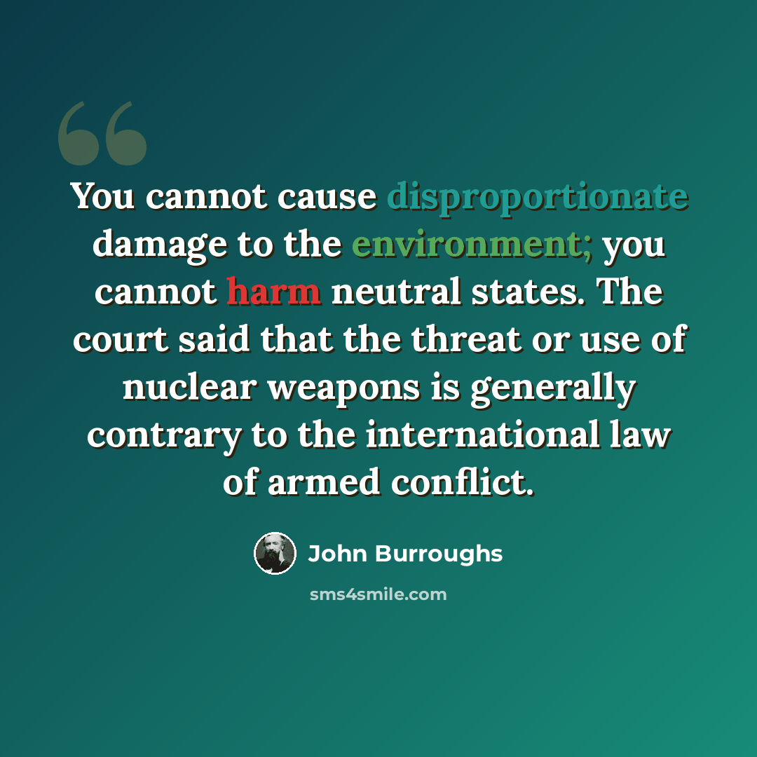 “You cannot cause disproportionate damage to the environment; you cannot harm neutral states. The court said that the threat or use of nuclear weapons is generally contrary to the international law of armed conflict.” quote by John Burroughs