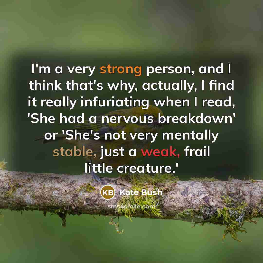 “I'm a very strong person, and I think that's why, actually, I find it really infuriating when I read, 'She had a nervous breakdown' or 'She's not very mentally stable, just a weak, frail little creature.'” quote by Kate Bush