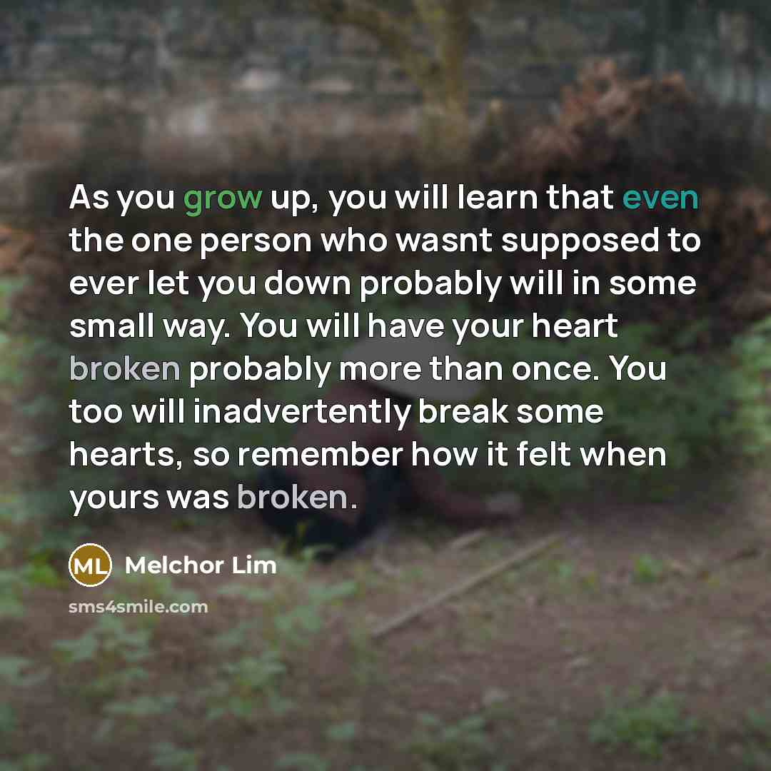 “As you grow up, you will learn that even the one person who wasnt supposed to ever let you down probably will in some small way. You will have your heart broken probably more than once. You too will inadvertently break some hearts, so remember how it felt when yours was broken.” quote by Melchor Lim