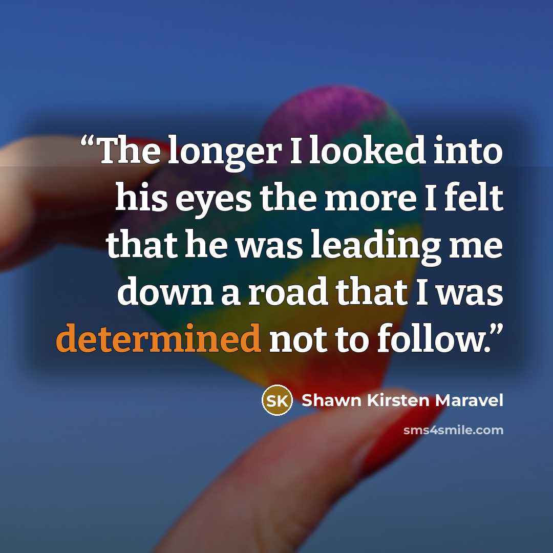 “The longer I looked into his eyes the more I felt that he was leading me down a road that I was determined not to follow.” quote by Shawn Kirsten Maravel
