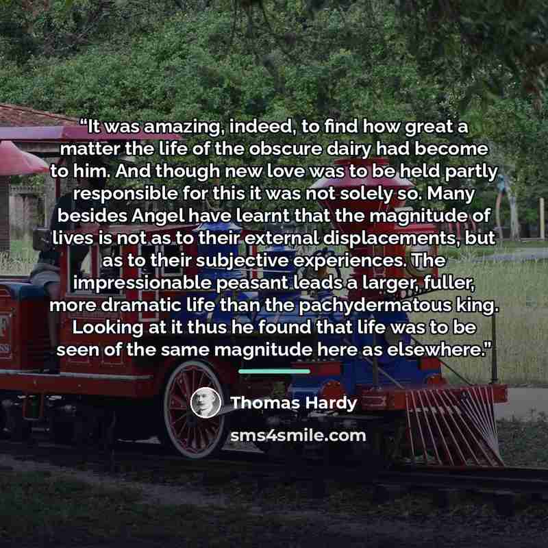 “It was amazing, indeed, to find how great a matter the life of the obscure dairy had become to him. And though new love was to be held partly responsible for this it was not solely so. Many besides Angel have learnt that the magnitude of lives is not as to their external displacements, but as to…” quote by Thomas Hardy