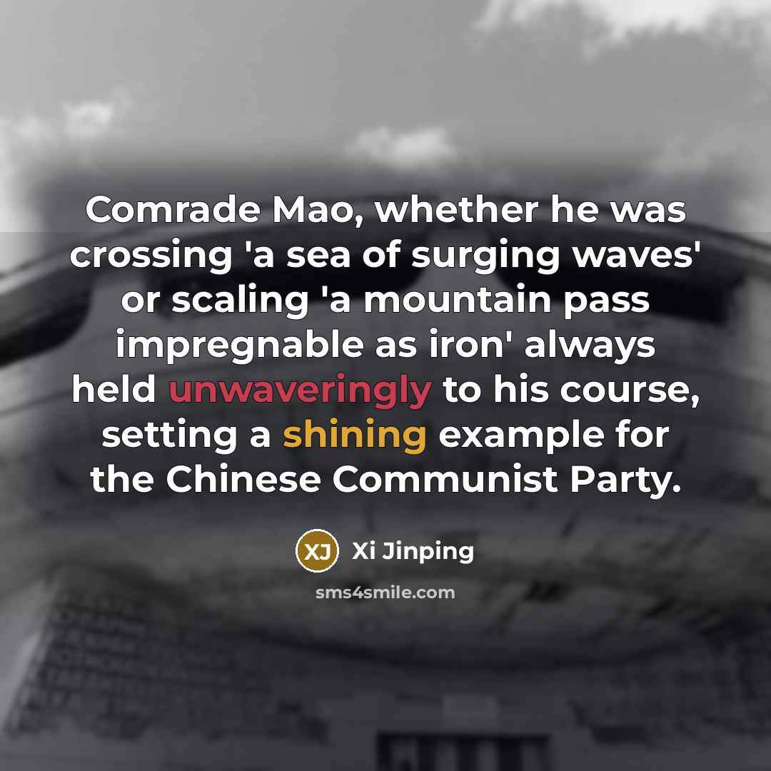 “Comrade Mao, whether he was crossing 'a sea of surging waves' or scaling 'a mountain pass impregnable as iron' always held unwaveringly to his course, setting a shining example for the Chinese Communist Party.” quote by Xi Jinping