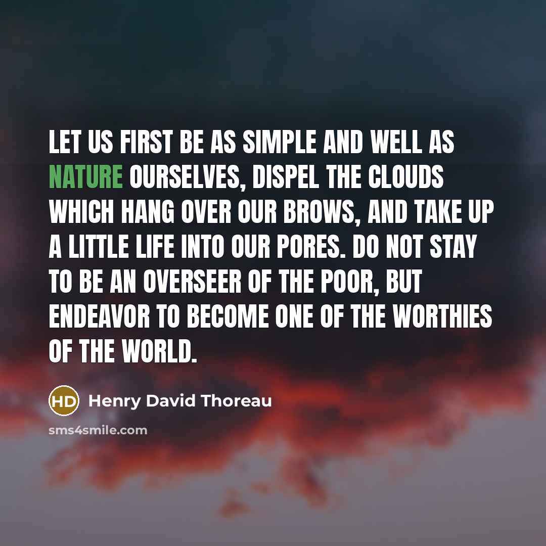 “Let us first be as simple and well as Nature ourselves, dispel the clouds which hang over our brows, and take up a little life into our pores. Do not stay to be an overseer of the poor, but endeavor to become one of the worthies of the world.” quote by Henry David Thoreau