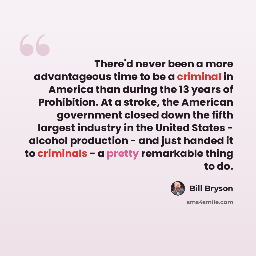 “There'd never been a more advantageous time to be a criminal in America than during the 13 years of Prohibition. At a stroke, the American government closed down the fifth largest industry in the United States - alcohol production - and just handed it to criminals - a pretty remarkable thing to do.” quote by Bill Bryson