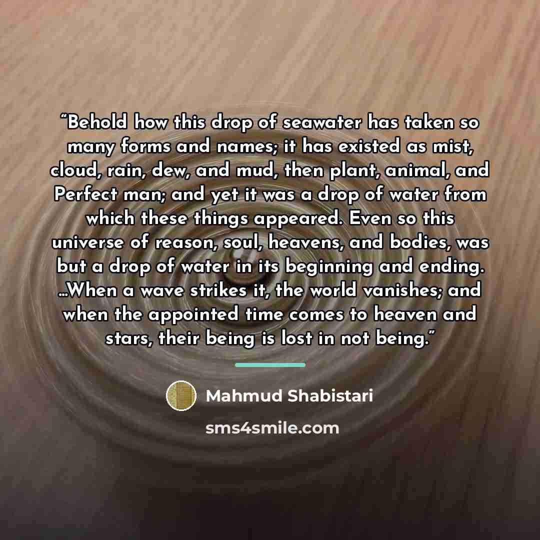 “Behold how this drop of seawater has taken so many forms and names; it has existed as mist, cloud, rain, dew, and mud, then plant, animal, and Perfect man; and yet it was a drop of water from which these things appeared. Even so this universe of reason, soul, heavens, and bodies, was but a drop of…” quote by Mahmud Shabistari