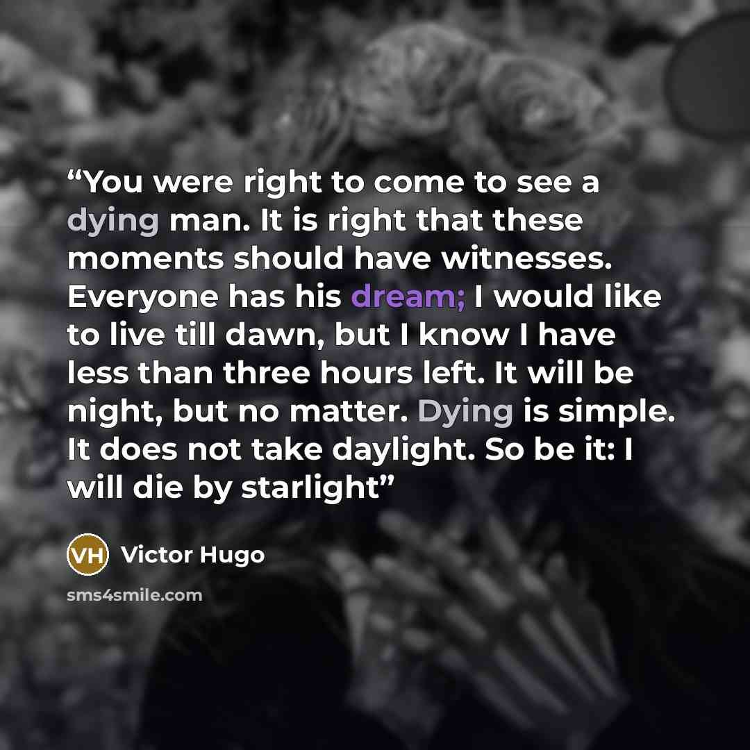 “You were right to come to see a dying man. It is right that these moments should have witnesses. Everyone has his dream; I would like to live till dawn, but I know I have less than three hours left. It will be night, but no matter. Dying is simple. It does not take daylight. So be it: I will die…” quote by Victor Hugo