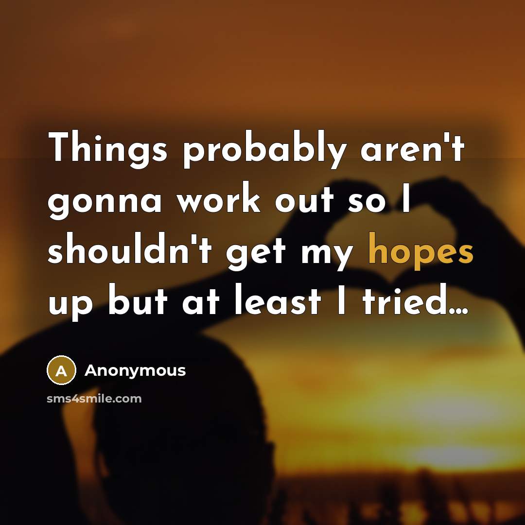 “Things probably aren't gonna work out so I shouldn't get my hopes up but at least I tried...” quote by Anonymous