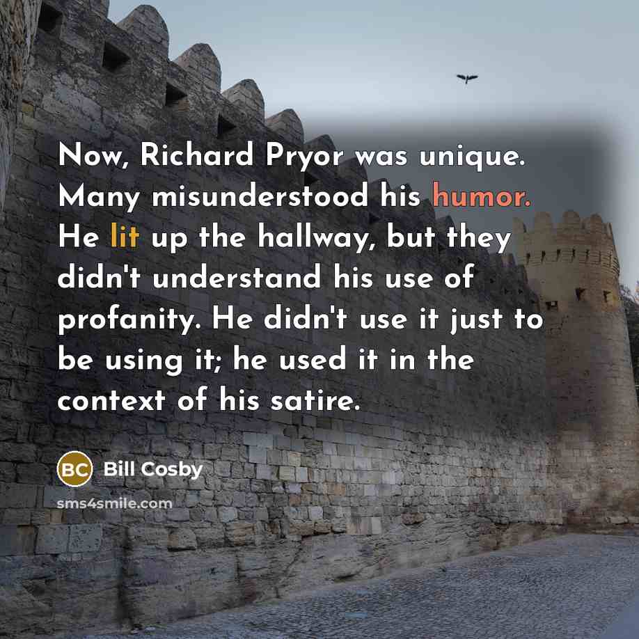 “Now, Richard Pryor was unique. Many misunderstood his humor. He lit up the hallway, but they didn't understand his use of profanity. He didn't use it just to be using it; he used it in the context of his satire.” quote by Bill Cosby