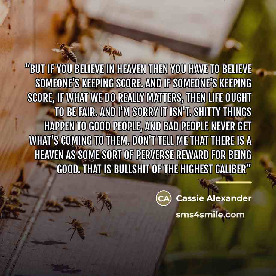 “But if you believe in heaven then you have to believe someone's keeping score. And if someone's keeping score, if what we do really matters, then life ought to be fair. And I'm sorry it isn't. Shitty things happen to good people, and bad people never get what's coming to them. Don't tell me that…” quote by Cassie Alexander