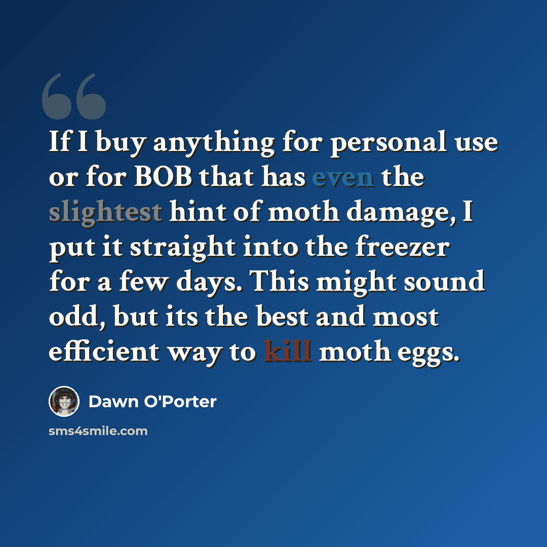 “If I buy anything for personal use or for BOB that has even the slightest hint of moth damage, I put it straight into the freezer for a few days. This might sound odd, but its the best and most efficient way to kill moth eggs.” quote by Dawn O'Porter