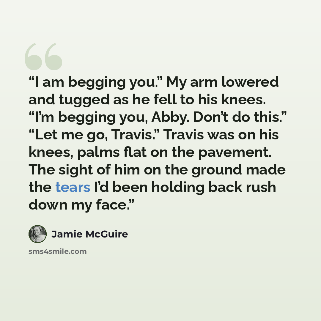 “I am begging you.” My arm lowered and tugged as he fell to his knees. “I’m begging you, Abby. Don’t do this.” “Let me go, Travis.” Travis was on his knees, palms flat on the pavement. The sight of him on the ground made the tears I’d been holding back rush down my face.” quote by Jamie McGuire