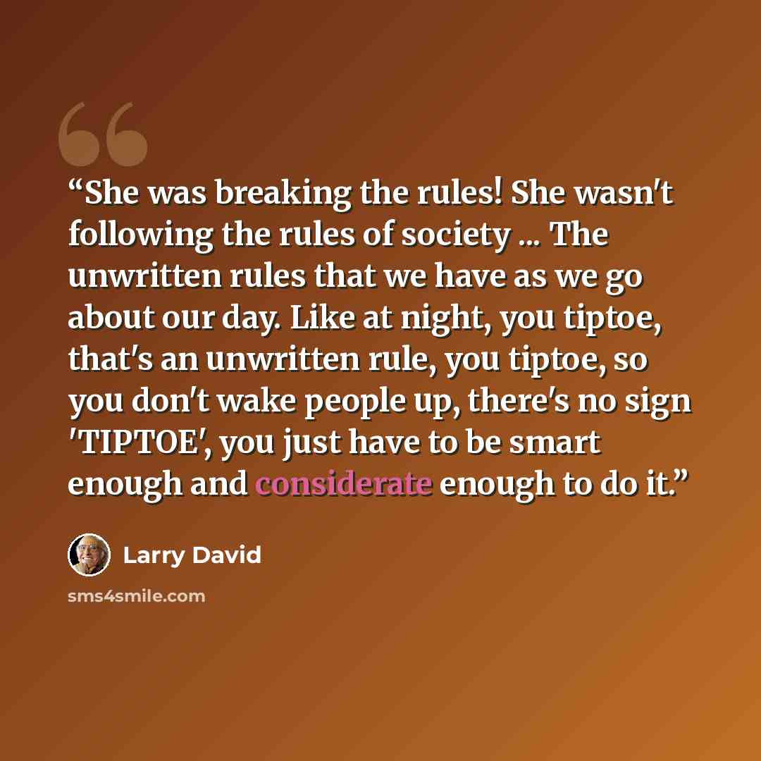 “She was breaking the rules! She wasn't following the rules of society ... The unwritten rules that we have as we go about our day. Like at night, you tiptoe, that's an unwritten rule, you tiptoe, so you don't wake people up, there's no sign 'TIPTOE', you just have to be smart enough and…” quote by Larry David