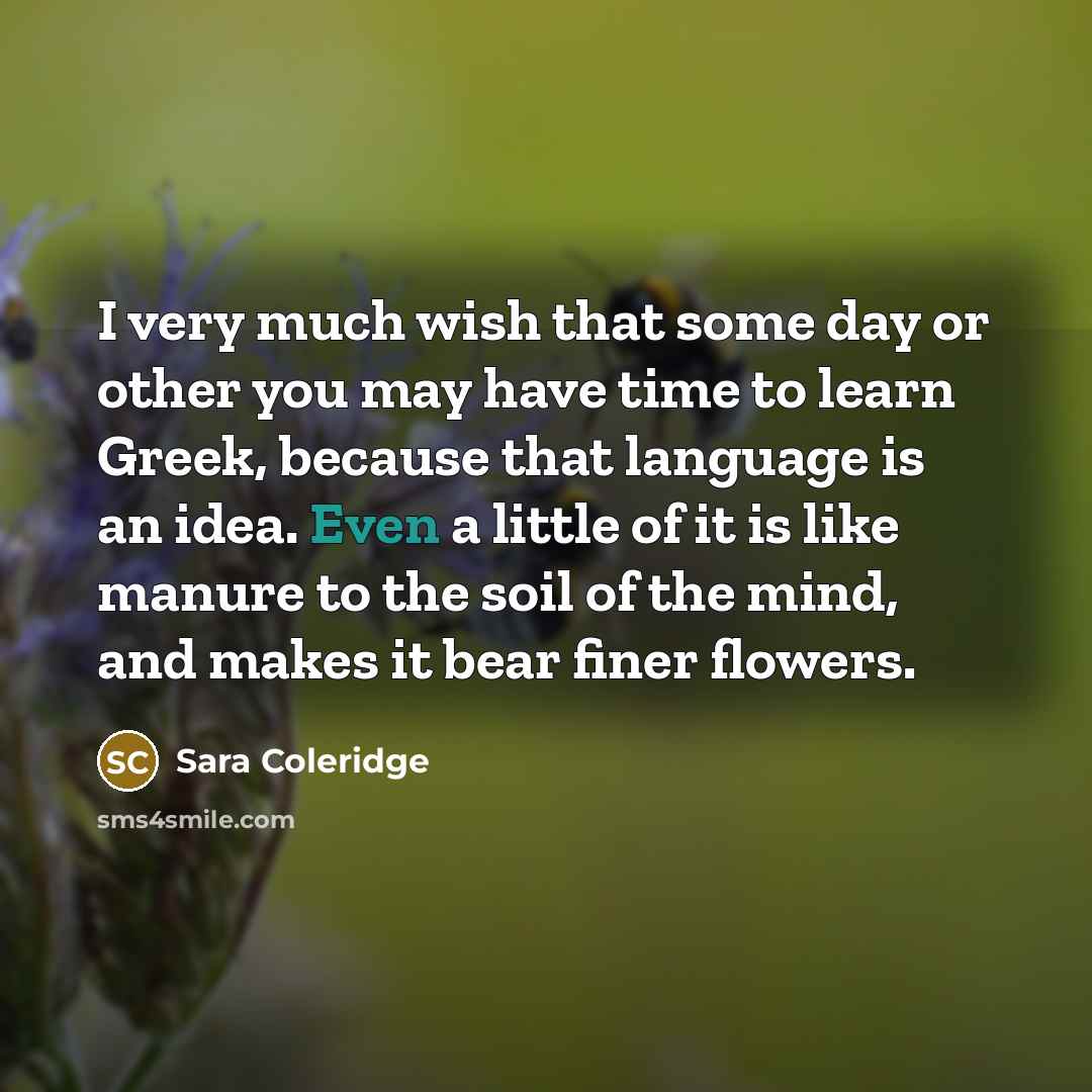“I very much wish that some day or other you may have time to learn Greek, because that language is an idea. Even a little of it is like manure to the soil of the mind, and makes it bear finer flowers.” quote by Sara Coleridge
