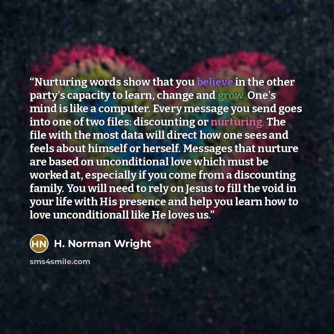 “Nurturing words show that you believe in the other party's capacity to learn, change and grow. One's mind is like a computer. Every message you send goes into one of two files: discounting or nurturing. The file with the most data will direct how one sees and feels about himself or herself…” quote by H. Norman Wright