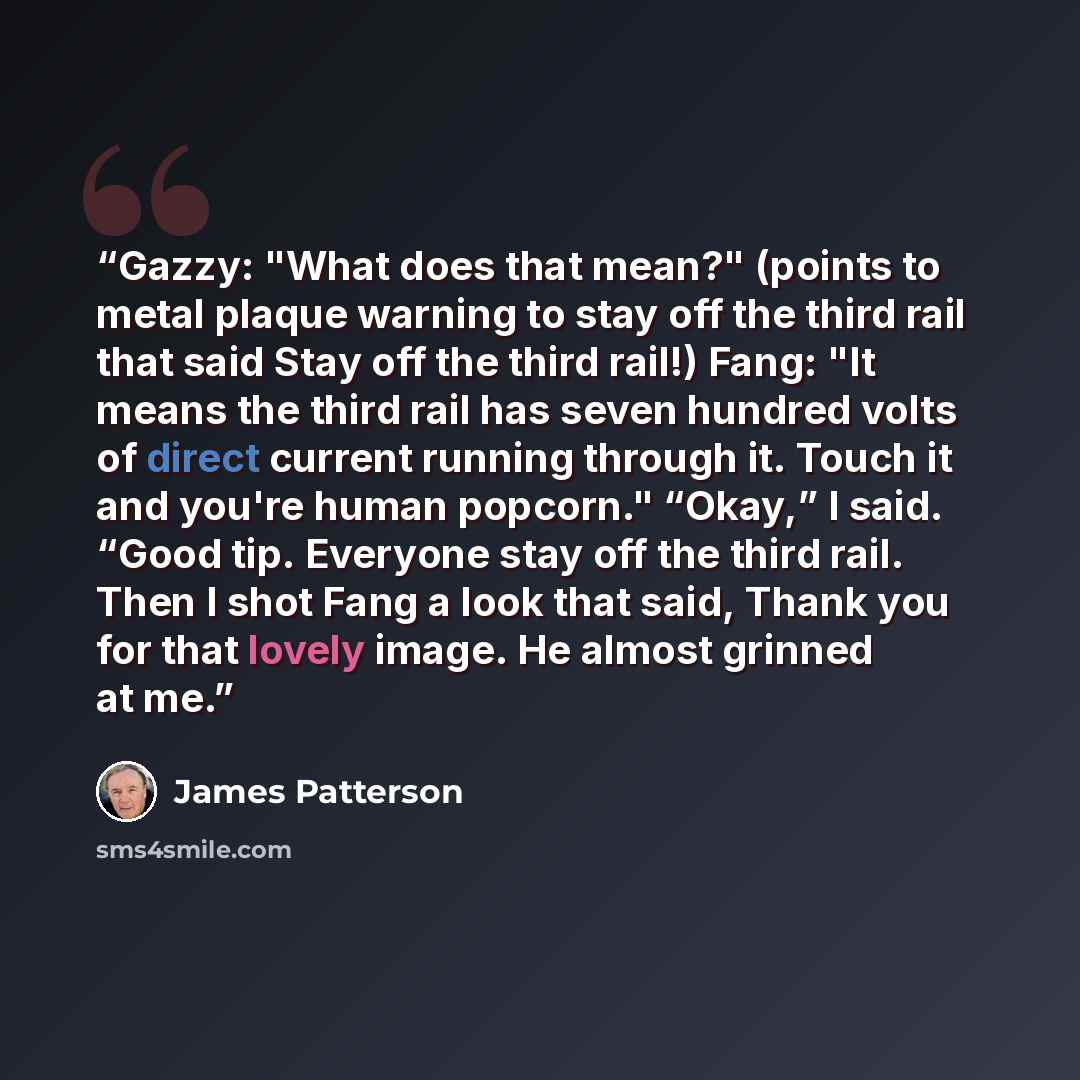“Gazzy: "What does that mean?" (points to metal plaque warning to stay off the third rail that said Stay off the third rail!) Fang: "It means the third rail has seven hundred volts of direct current running through it. Touch it and you're human popcorn." “Okay,” I said. “Good tip. Everyone stay off…” quote by James Patterson