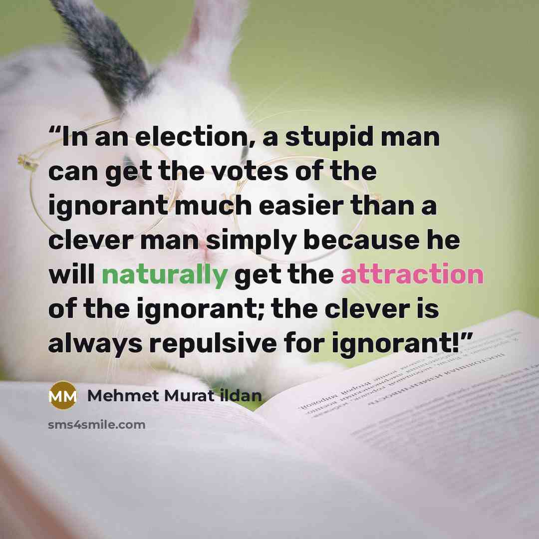 “In an election, a stupid man can get the votes of the ignorant much easier than a clever man simply because he will naturally get the attraction of the ignorant; the clever is always repulsive for ignorant!” quote by Mehmet Murat ildan