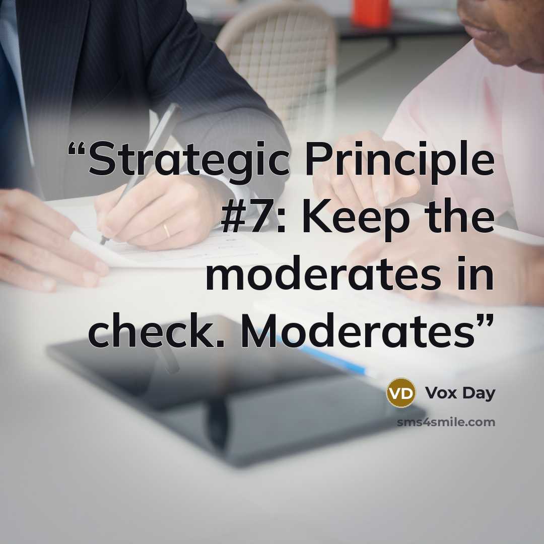 “Strategic Principle #7: Keep the moderates in check. Moderates” quote by Vox Day