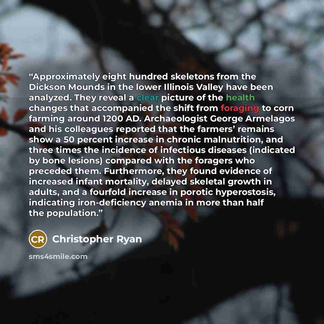“Approximately eight hundred skeletons from the Dickson Mounds in the lower Illinois Valley have been analyzed. They reveal a clear picture of the health changes that accompanied the shift from foraging to corn farming around 1200 AD. Archaeologist George Armelagos and his colleagues reported that…” quote by Christopher Ryan