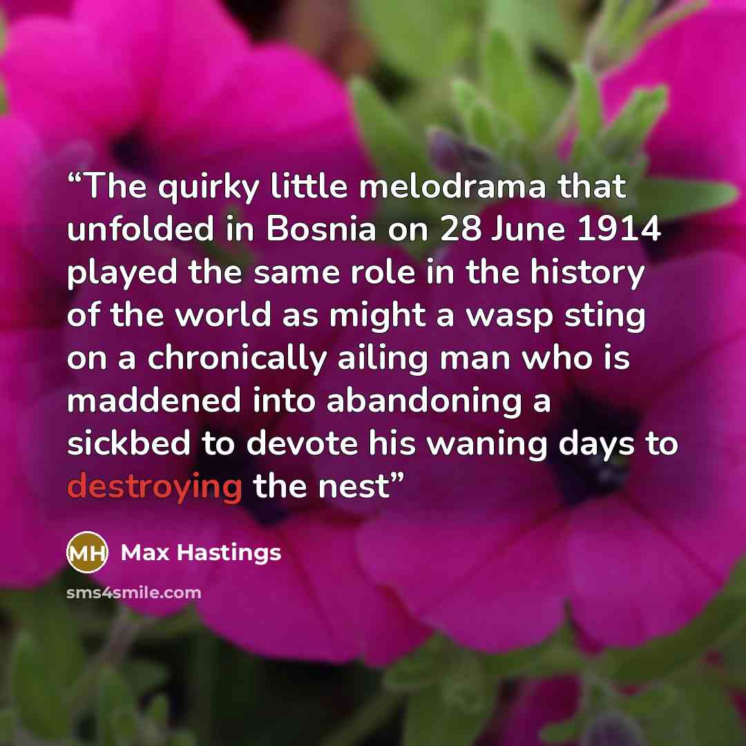 “The quirky little melodrama that unfolded in Bosnia on 28 June 1914 played the same role in the history of the world as might a wasp sting on a chronically ailing man who is maddened into abandoning a sickbed to devote his waning days to destroying the nest” quote by Max Hastings