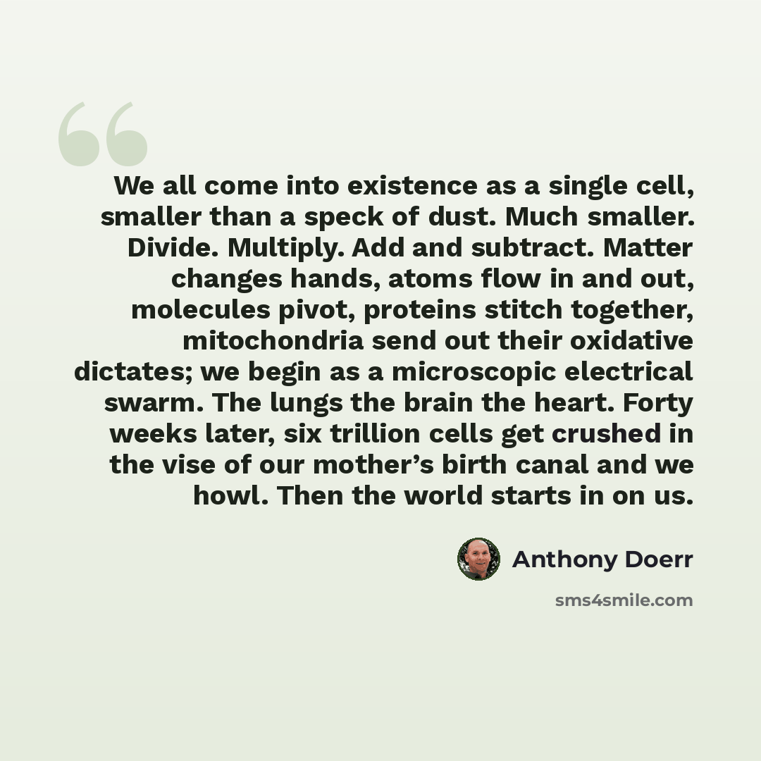 “We all come into existence as a single cell, smaller than a speck of dust. Much smaller. Divide. Multiply. Add and subtract. Matter changes hands, atoms flow in and out, molecules pivot, proteins stitch together, mitochondria send out their oxidative dictates; we begin as a microscopic electrical…” quote by Anthony Doerr