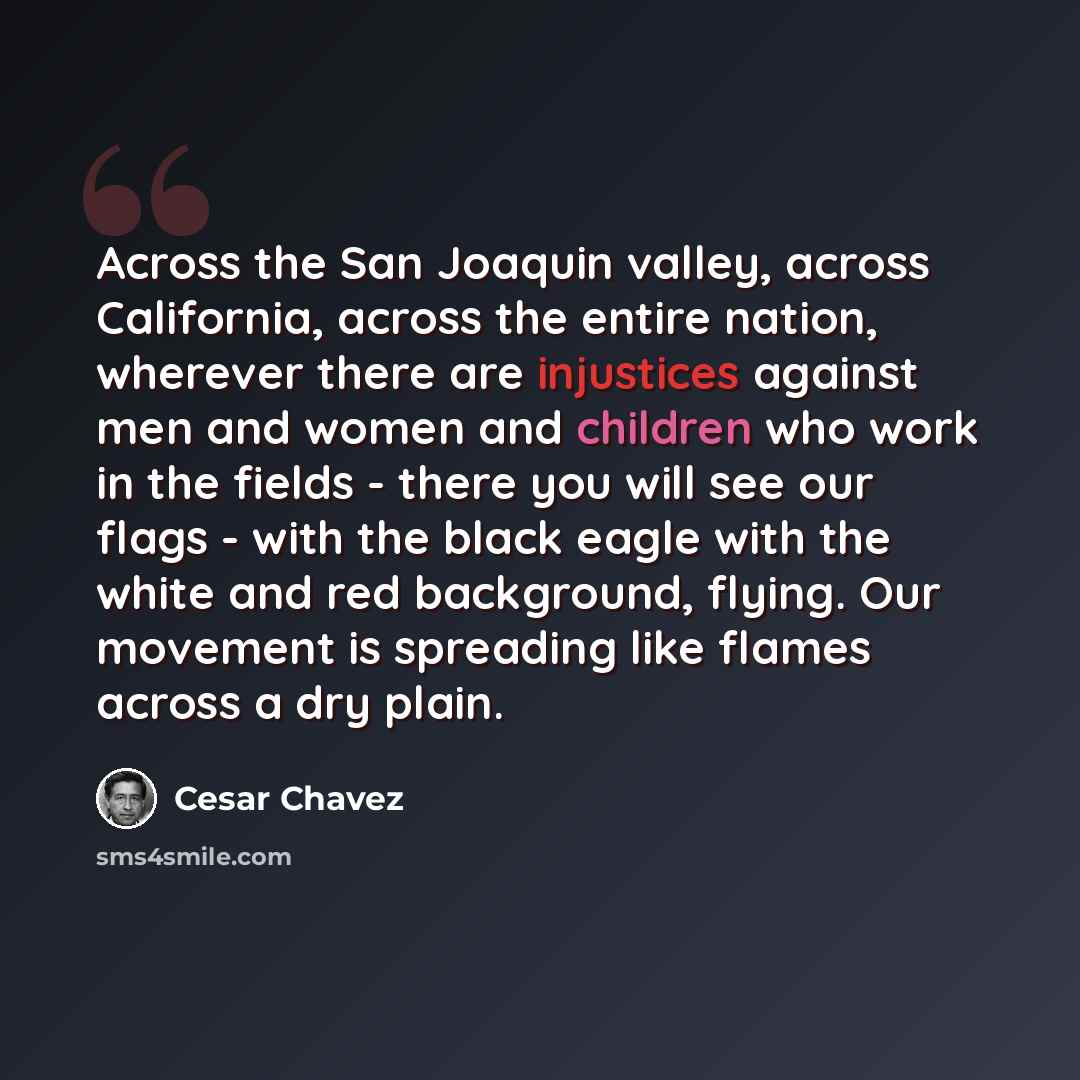 “Across the San Joaquin valley, across California, across the entire nation, wherever there are injustices against men and women and children who work in the fields - there you will see our flags - with the black eagle with the white and red background, flying. Our movement is spreading like flames…” quote by Cesar Chavez