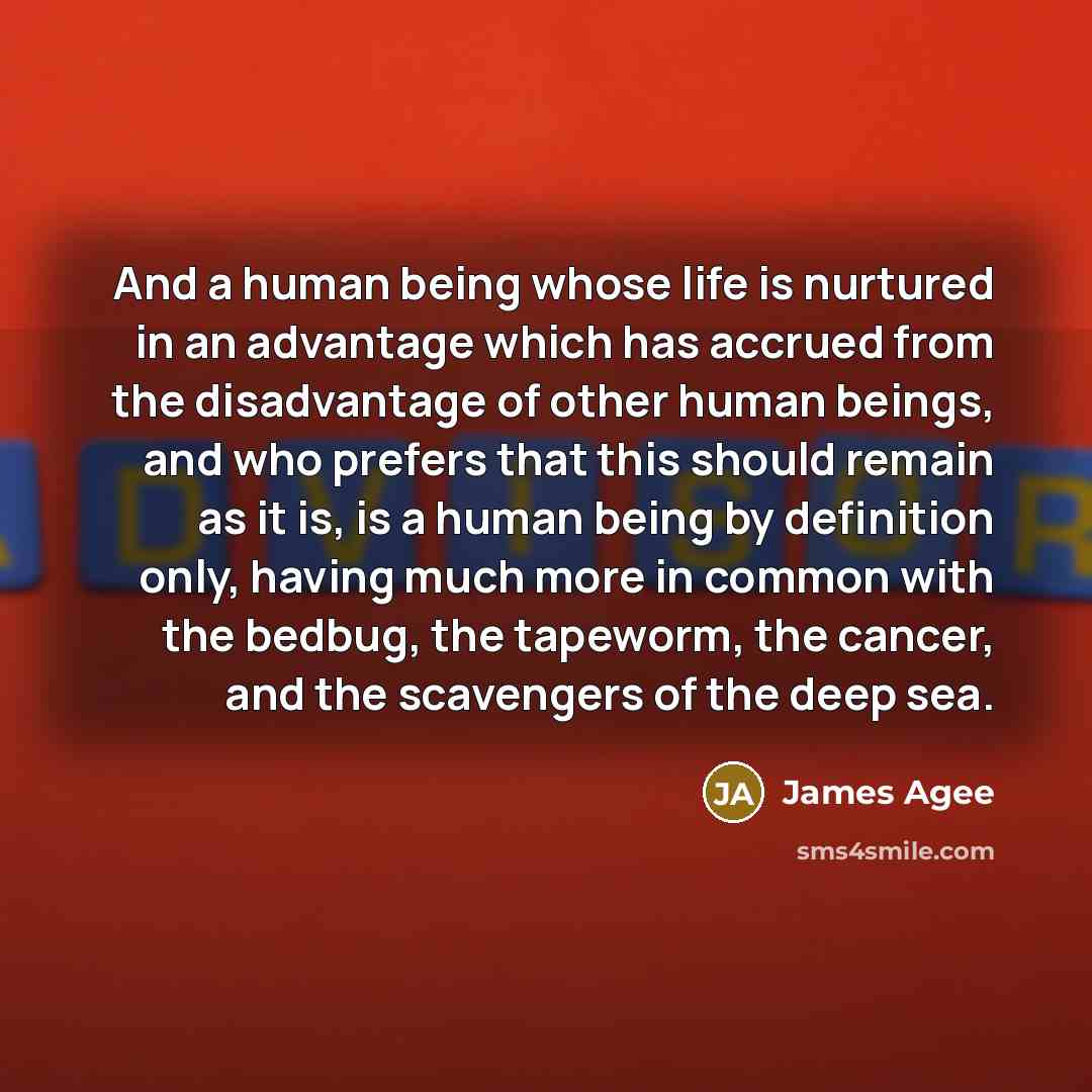 “And a human being whose life is nurtured in an advantage which has accrued from the disadvantage of other human beings, and who prefers that this should remain as it is, is a human being by definition only, having much more in common with the bedbug, the tapeworm, the cancer, and the scavengers of…” quote by James Agee