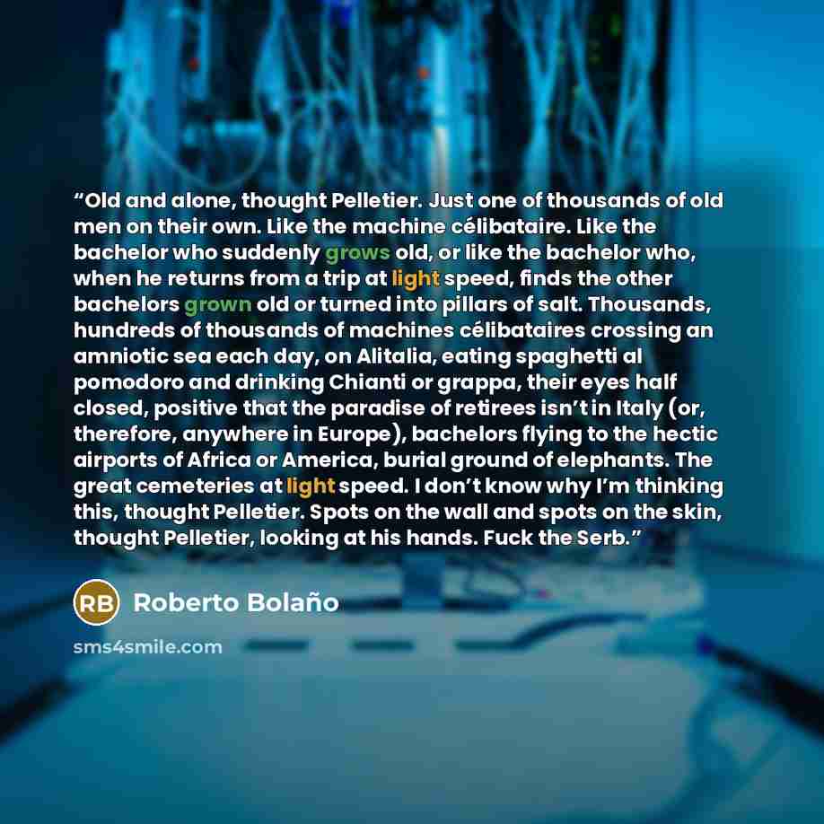 “Old and alone, thought Pelletier. Just one of thousands of old men on their own. Like the machine célibataire. Like the bachelor who suddenly grows old, or like the bachelor who, when he returns from a trip at light speed, finds the other bachelors grown old or turned into pillars of salt…” quote by Roberto Bolaño
