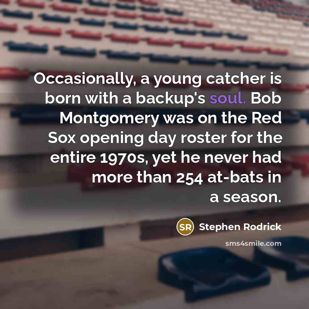 “Occasionally, a young catcher is born with a backup's soul. Bob Montgomery was on the Red Sox opening day roster for the entire 1970s, yet he never had more than 254 at-bats in a season.” quote by Stephen Rodrick