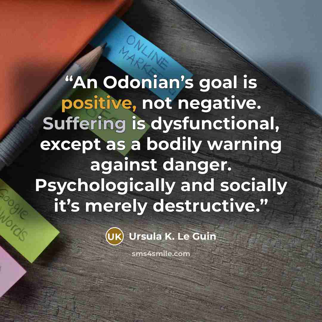 “An Odonian’s goal is positive, not negative. Suffering is dysfunctional, except as a bodily warning against danger. Psychologically and socially it’s merely destructive.” quote by Ursula K. Le Guin