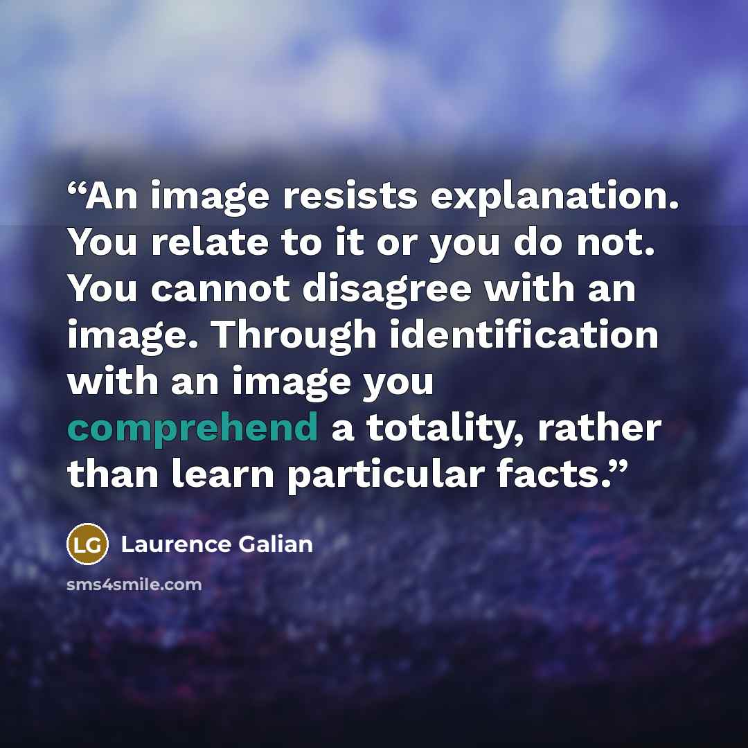 “An image resists explanation. You relate to it or you do not. You cannot disagree with an image. Through identification with an image you comprehend a totality, rather than learn particular facts.” quote by Laurence Galian