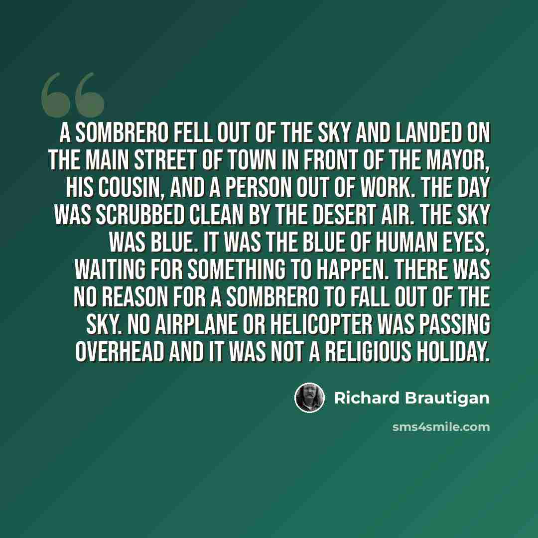 “A sombrero fell out of the sky and landed on the main street of town in front of the mayor, his cousin, and a person out of work. The day was scrubbed clean by the desert air. The sky was blue. It was the blue of human eyes, waiting for something to happen. There was no reason for a sombrero to…” quote by Richard Brautigan