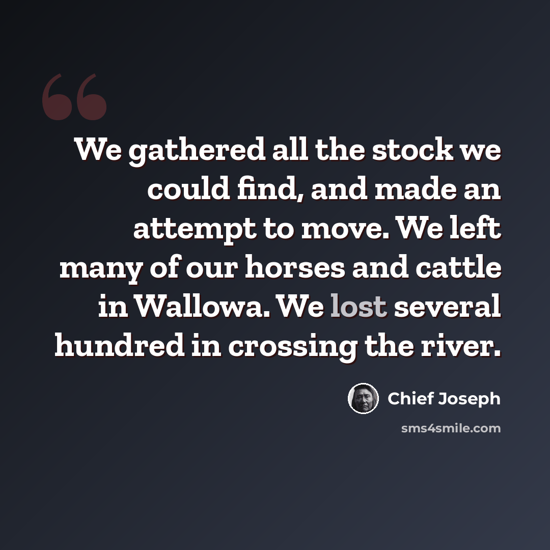 “We gathered all the stock we could find, and made an attempt to move. We left many of our horses and cattle in Wallowa. We lost several hundred in crossing the river.” quote by Chief Joseph