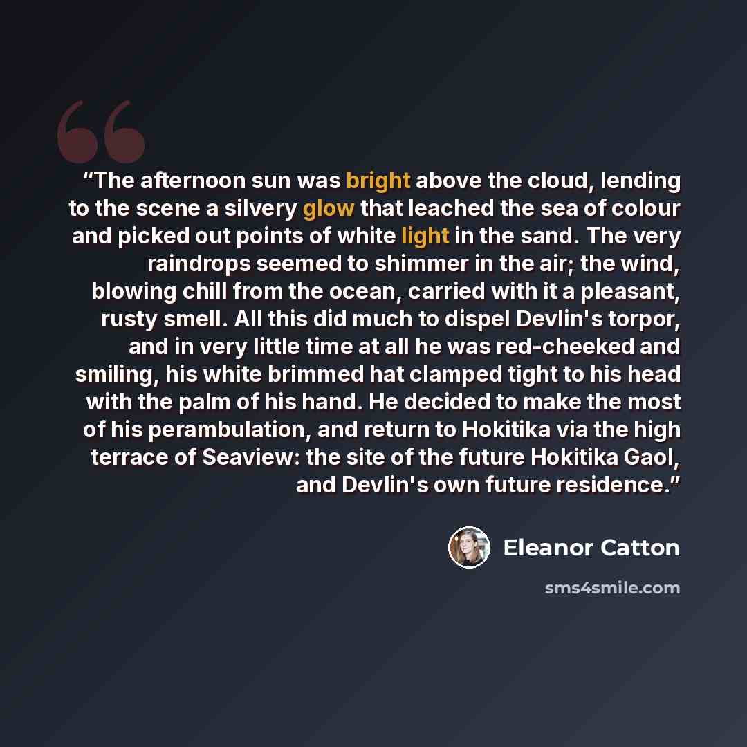 “The afternoon sun was bright above the cloud, lending to the scene a silvery glow that leached the sea of colour and picked out points of white light in the sand. The very raindrops seemed to shimmer in the air; the wind, blowing chill from the ocean, carried with it a pleasant, rusty smell. All…” quote by Eleanor Catton