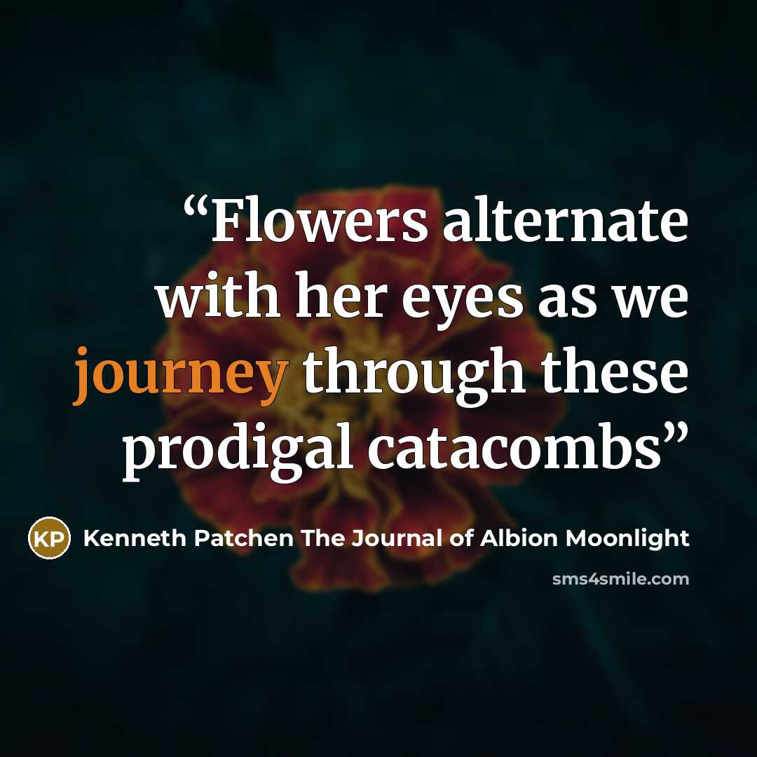 “Flowers alternate with her eyes as we journey through these prodigal catacombs” quote by Kenneth Patchen The Journal of Albion Moonlight