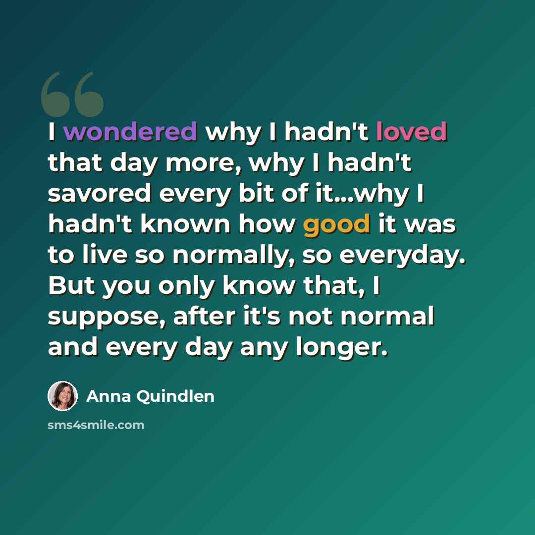 “I wondered why I hadn't loved that day more, why I hadn't savored every bit of it...why I hadn't known how good it was to live so normally, so everyday. But you only know that, I suppose, after it's not normal and every day any longer.” quote by Anna Quindlen