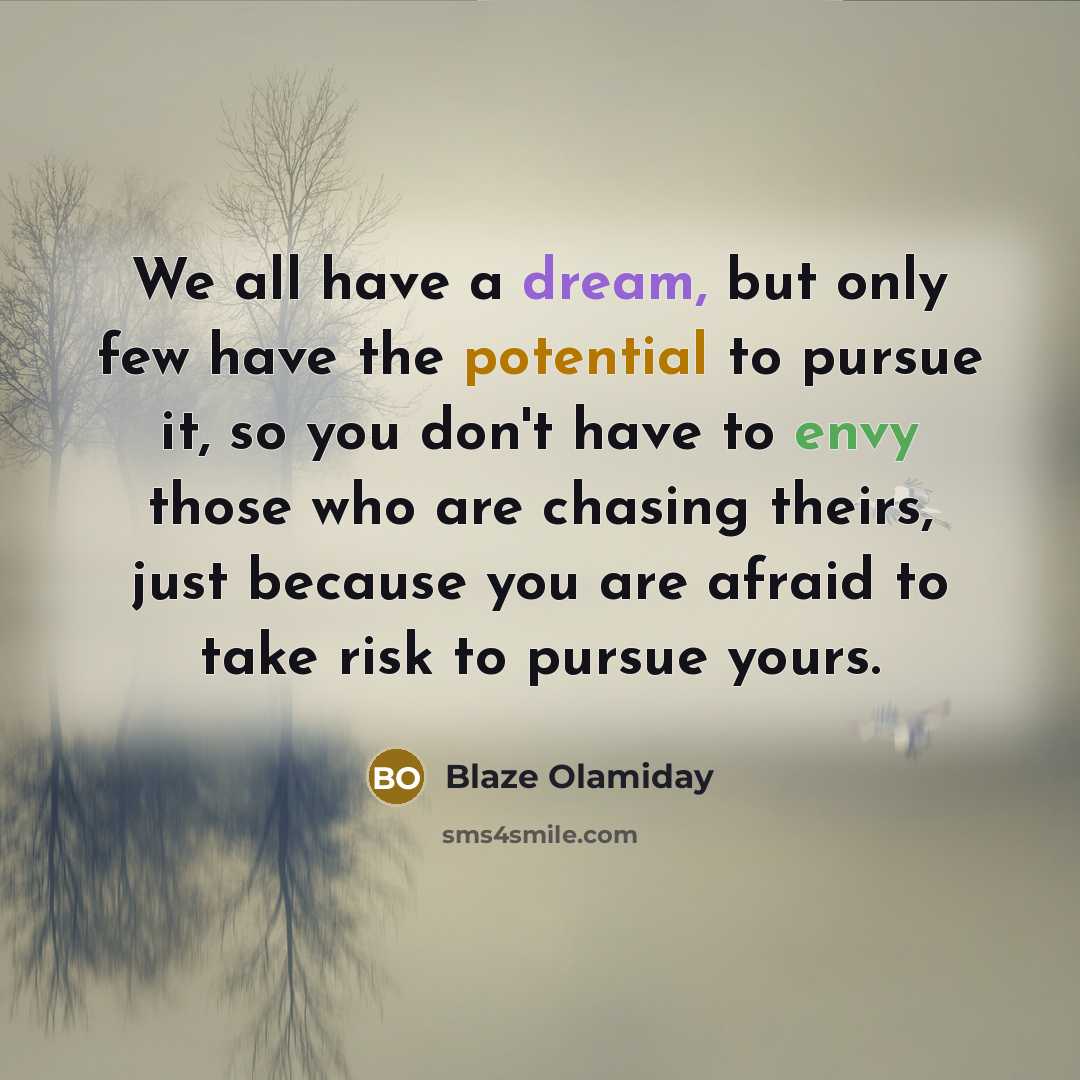 “We all have a dream, but only few have the potential to pursue it, so you don't have to envy those who are chasing theirs, just because you are afraid to take risk to pursue yours.” quote by Blaze Olamiday
