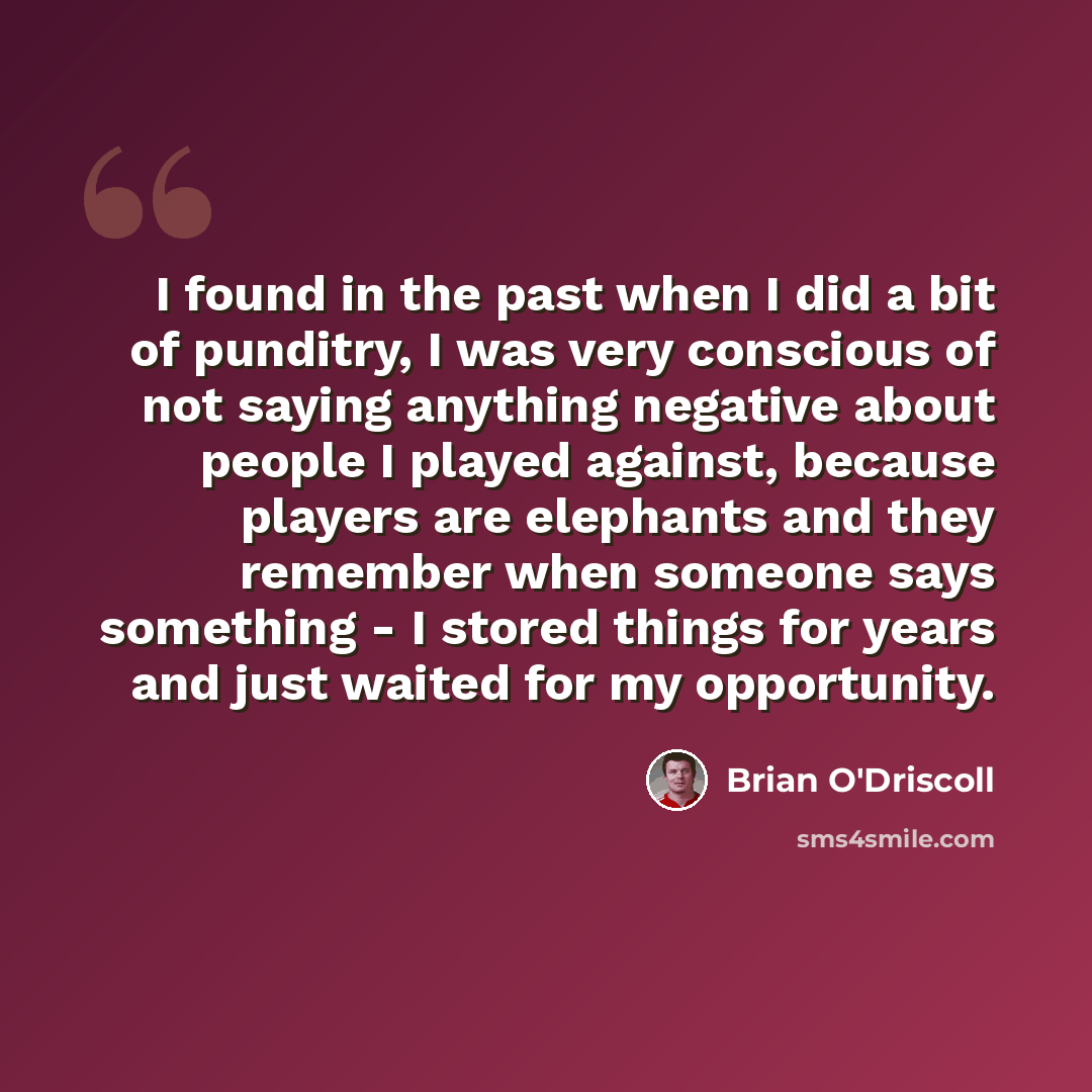 “I found in the past when I did a bit of punditry, I was very conscious of not saying anything negative about people I played against, because players are elephants and they remember when someone says something - I stored things for years and just waited for my opportunity.” quote by Brian O'Driscoll
