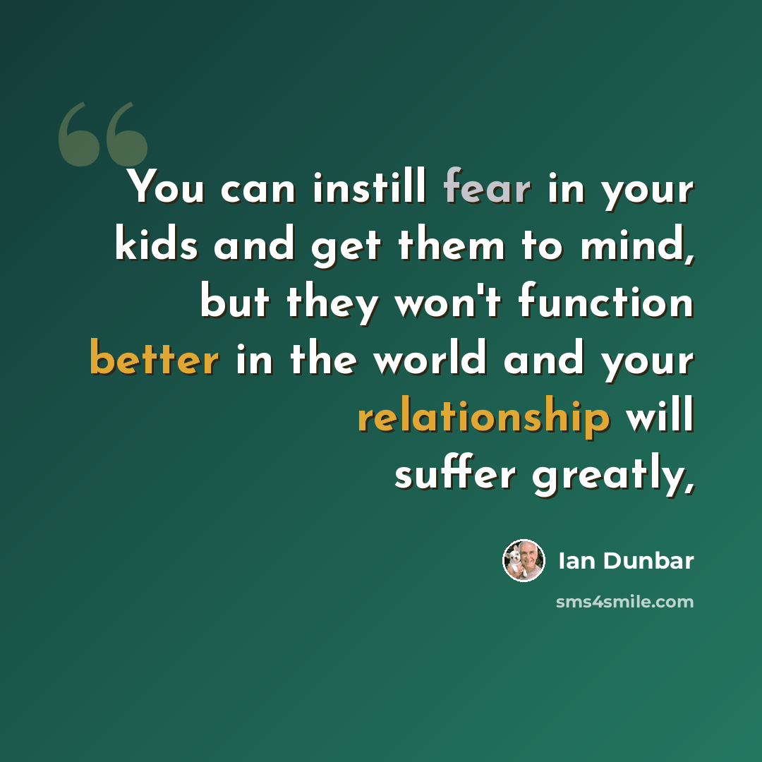 “You can instill fear in your kids and get them to mind, but they won't function better in the world and your relationship will suffer greatly,” quote by Ian Dunbar