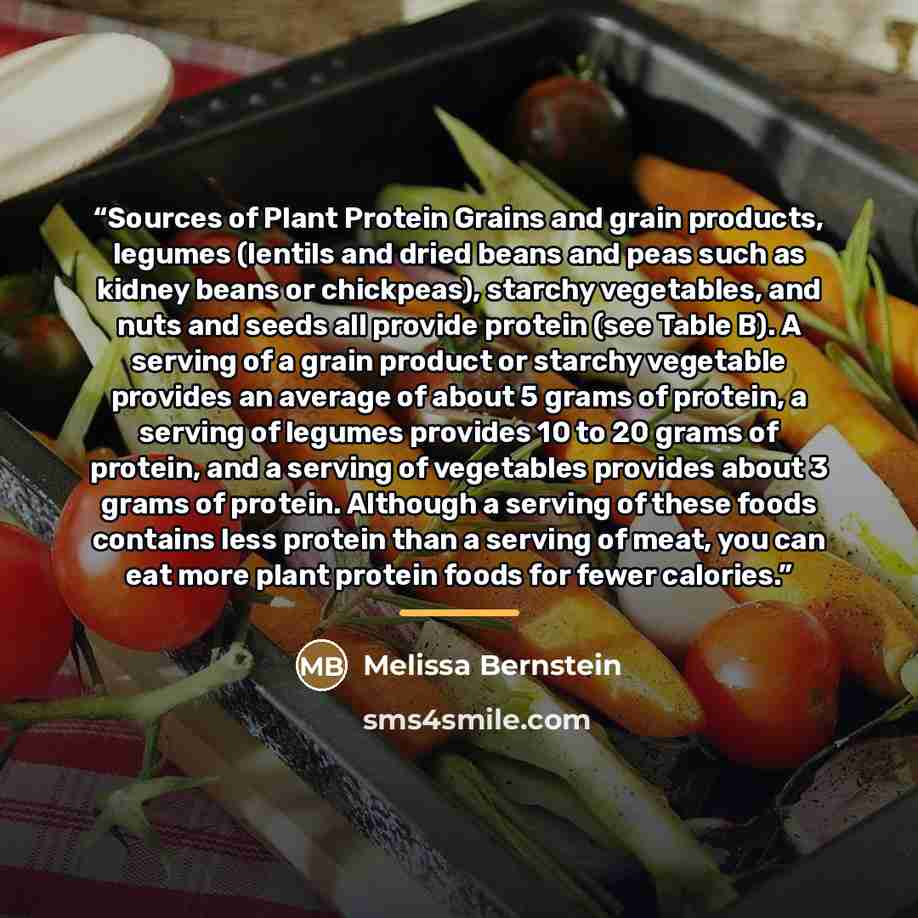 “Sources of Plant Protein Grains and grain products, legumes (lentils and dried beans and peas such as kidney beans or chickpeas), starchy vegetables, and nuts and seeds all provide protein (see Table B). A serving of a grain product or starchy vegetable provides an average of about 5 grams of…” quote by Melissa Bernstein