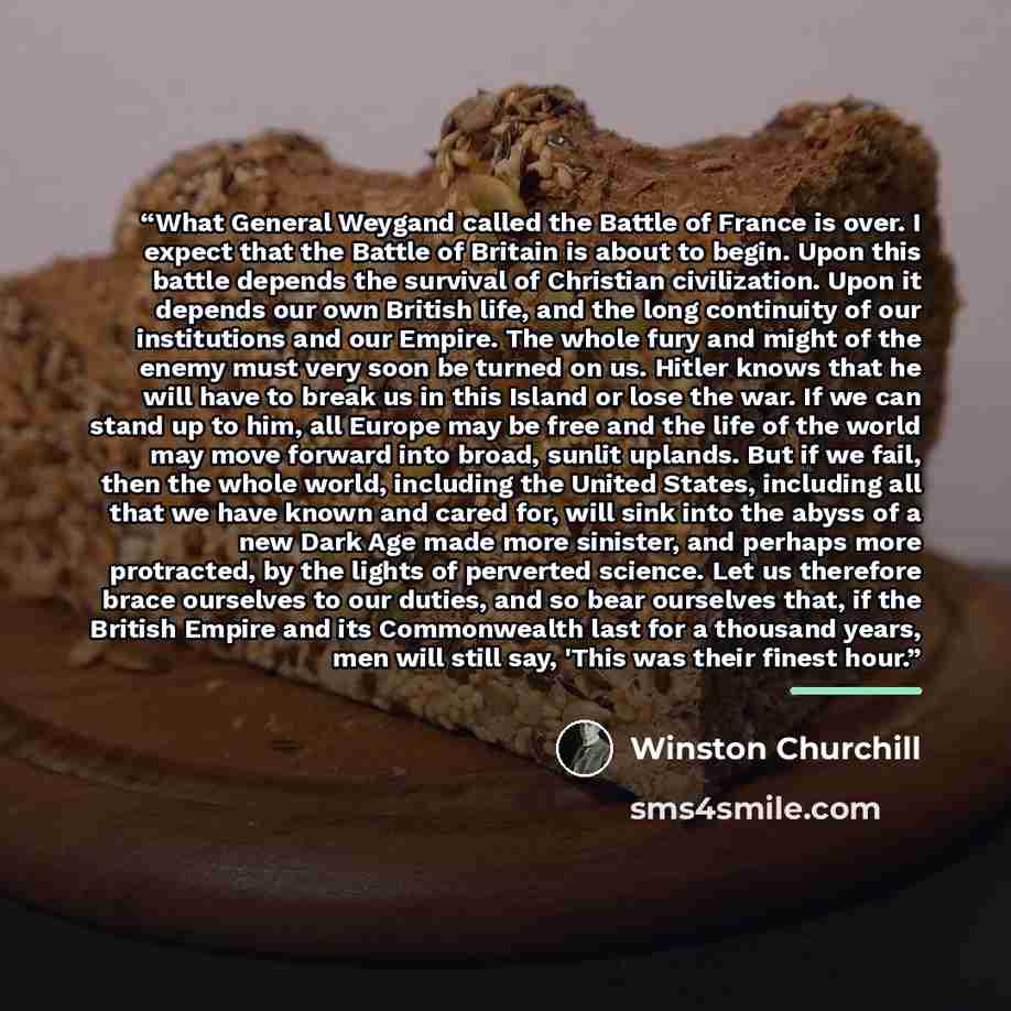 “What General Weygand called the Battle of France is over. I expect that the Battle of Britain is about to begin. Upon this battle depends the survival of Christian civilization. Upon it depends our own British life, and the long continuity of our institutions and our Empire. The whole fury and…” quote by Winston Churchill