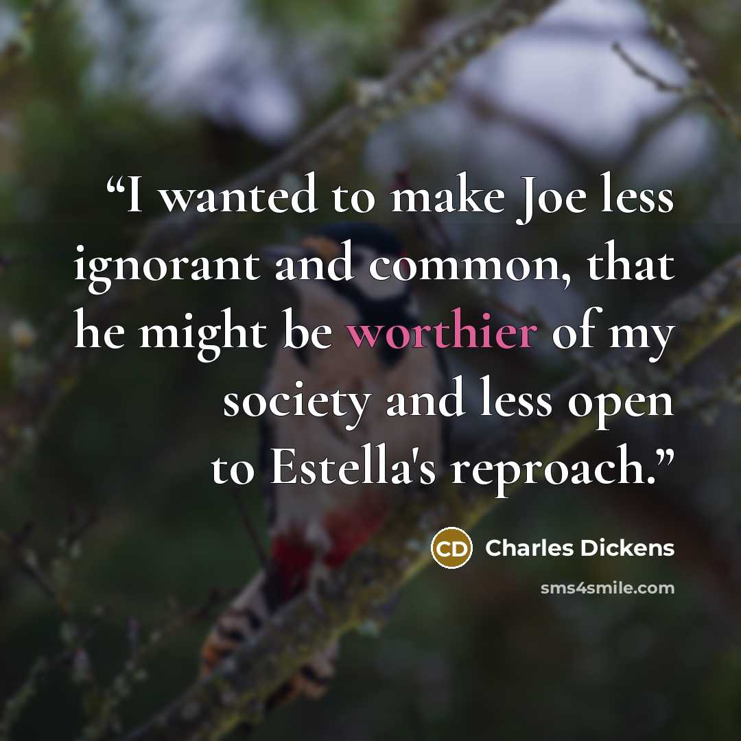 “I wanted to make Joe less ignorant and common, that he might be worthier of my society and less open to Estella's reproach.” quote by Charles Dickens