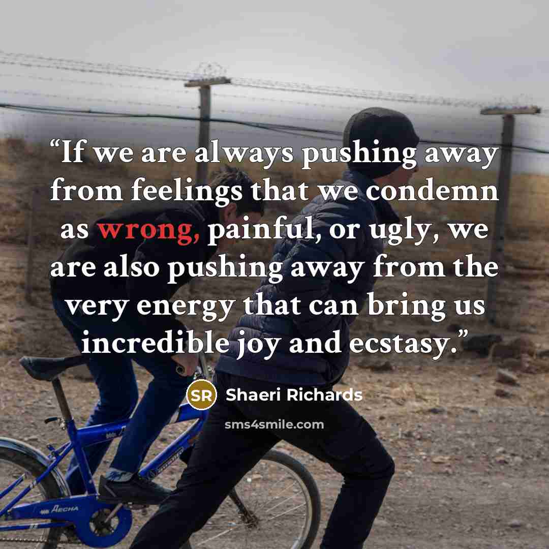 “If we are always pushing away from feelings that we condemn as wrong, painful, or ugly, we are also pushing away from the very energy that can bring us incredible joy and ecstasy.” quote by Shaeri Richards
