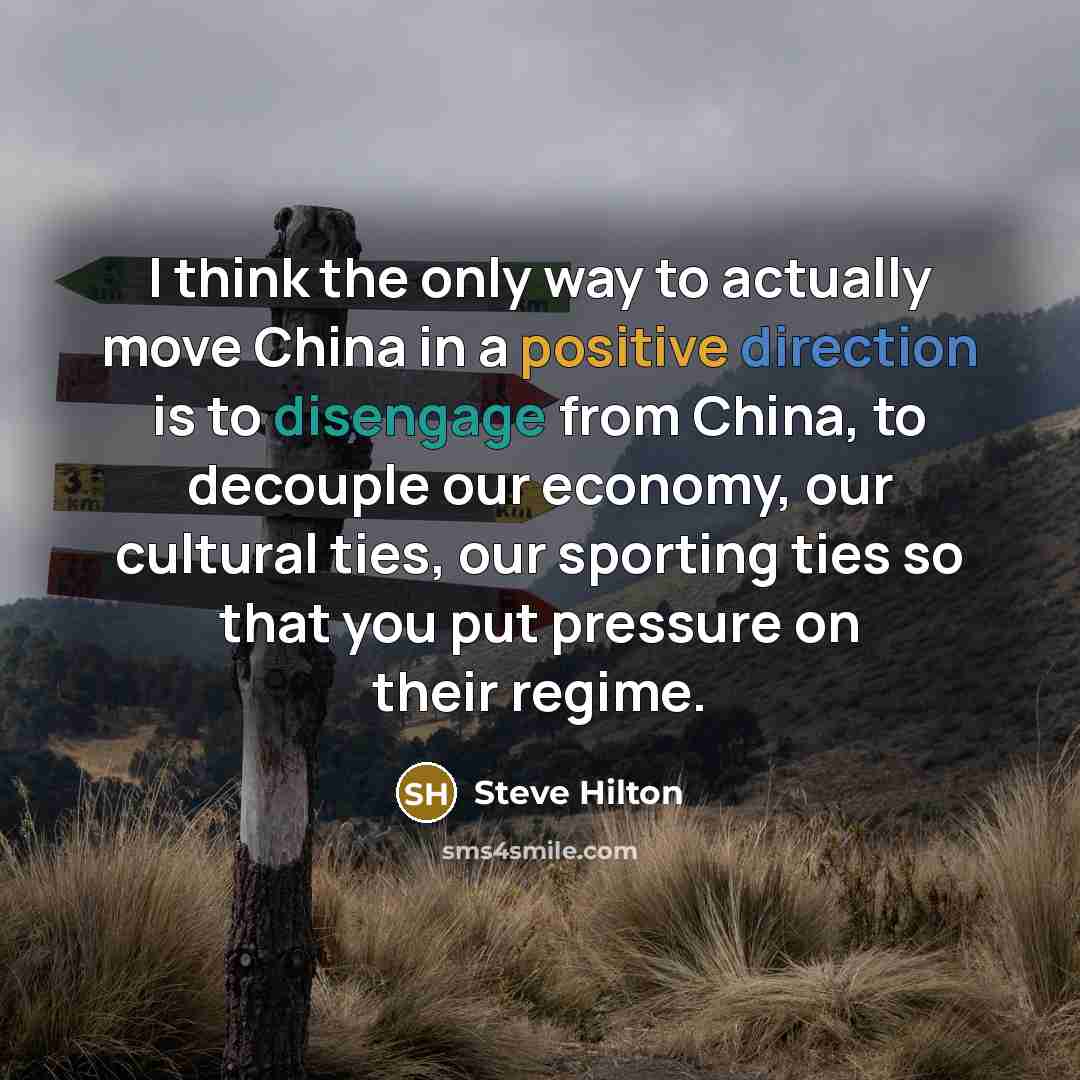 “I think the only way to actually move China in a positive direction is to disengage from China, to decouple our economy, our cultural ties, our sporting ties so that you put pressure on their regime.” quote by Steve Hilton