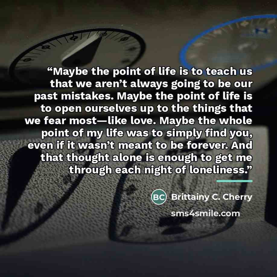 “Maybe the point of life is to teach us that we aren’t always going to be our past mistakes. Maybe the point of life is to open ourselves up to the things that we fear most—like love. Maybe the whole point of my life was to simply find you, even if it wasn’t meant to be forever. And that thought…” quote by Brittainy C. Cherry