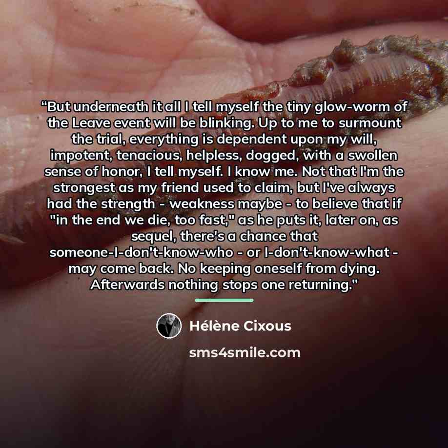 “But underneath it all I tell myself the tiny glow-worm of the Leave event will be blinking. Up to me to surmount the trial, everything is dependent upon my will, impotent, tenacious, helpless, dogged, with a swollen sense of honor, I tell myself. I know me. Not that I'm the strongest as my friend…” quote by Hélène Cixous